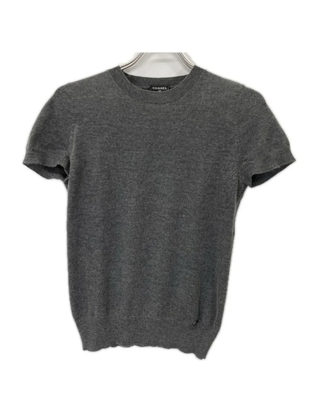 Chanel Gray Cashmere Silk CC Logo Plate Short Sleeve Knit 36
